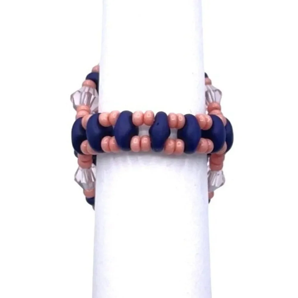 Navy Blue and Light Pink Crystal Beaded Statement Ring Size 5.5